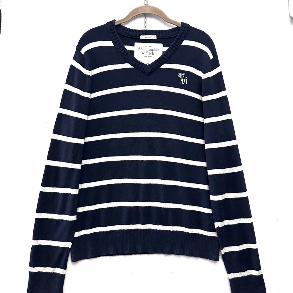 Y2K Abercrombie & Fitch Mens XXL Muscle Sweater Navy Blue Stripe Cotton Wool
